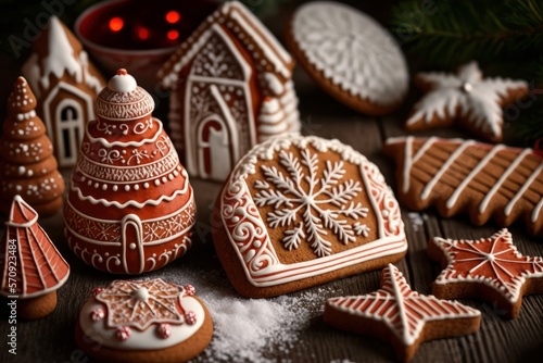 Homemade Christmas cookies made out of gingerbread with icing