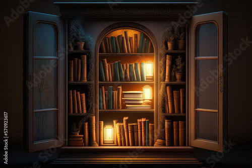 Old library with a lot of bookshelves  cabinet with many books digital illustration  magical archive of knowledge concept art  ai generated 