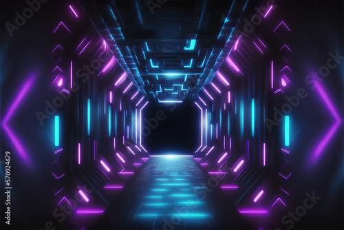 Space tunnel with neon lights 3d illustration blue pink light sci fi concept