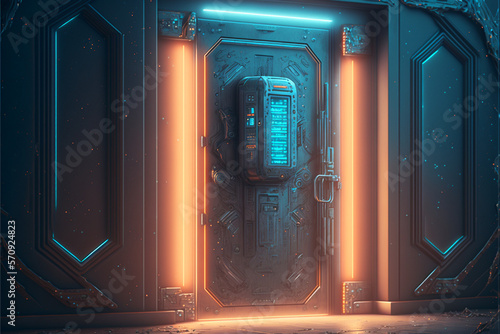 Fototapeta Naklejka Na Ścianę i Meble -  3d rendering of realistic sci-fi dark corridor with blue light. Futuristic door space