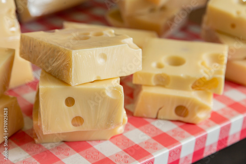 Belgrade, Serbia. February 11th, 2023. Pieces of cheese for sale at a dairy stall. photo