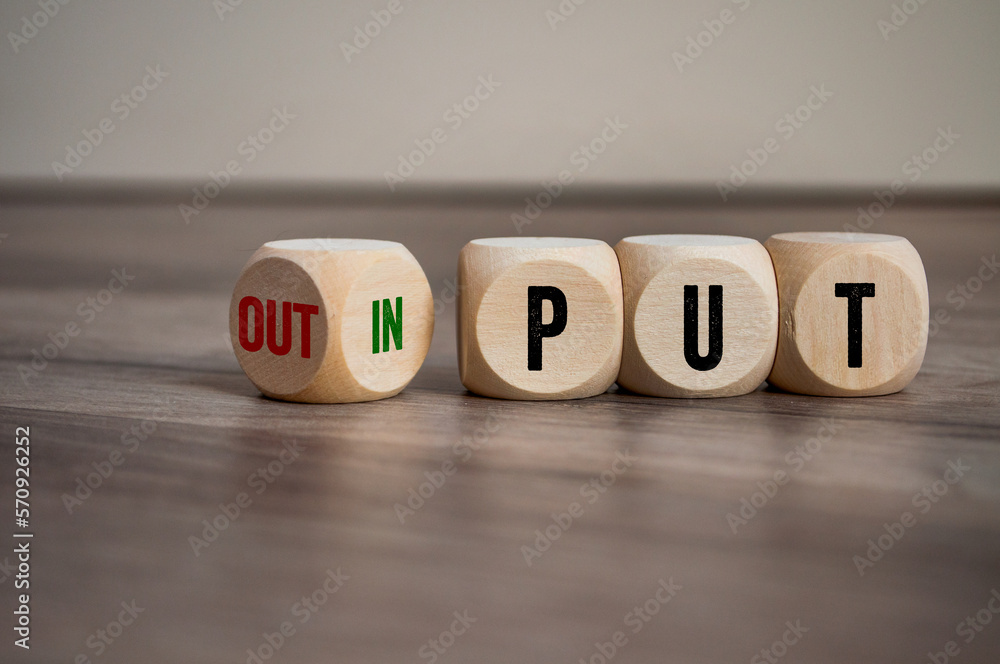 Cubes, dice or blocks with message input and output on wooden background