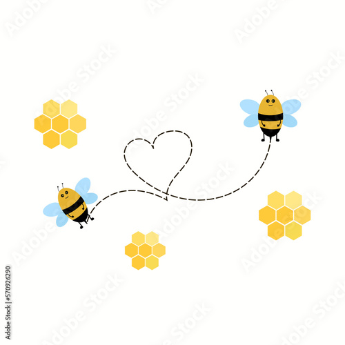 Flying Bee with honeycomb isolated on white background vector illustration