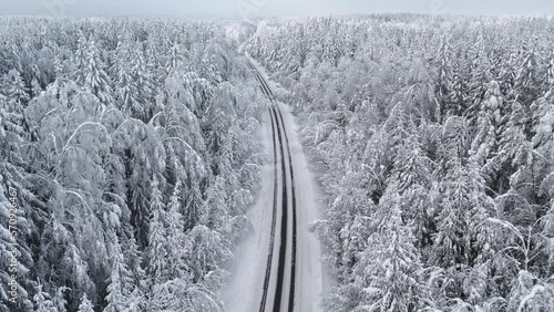 The road in forest after snowstorm. Trees with droopy branches near the road. Plateliai, Lithuania.