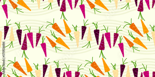Easter pattern with sweet colorful, rainbow carrots on a striped background