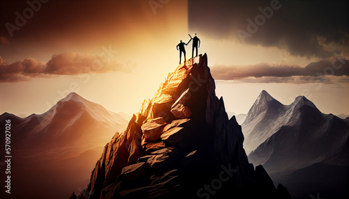 Two person on a top of mountain peak, visualisation of team success, generative ai © TheGoldTiger