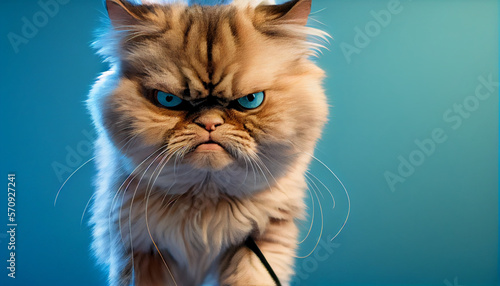 Angry disgruntled cat on a blue background, portrait of an angry cat on solid background, generative ai