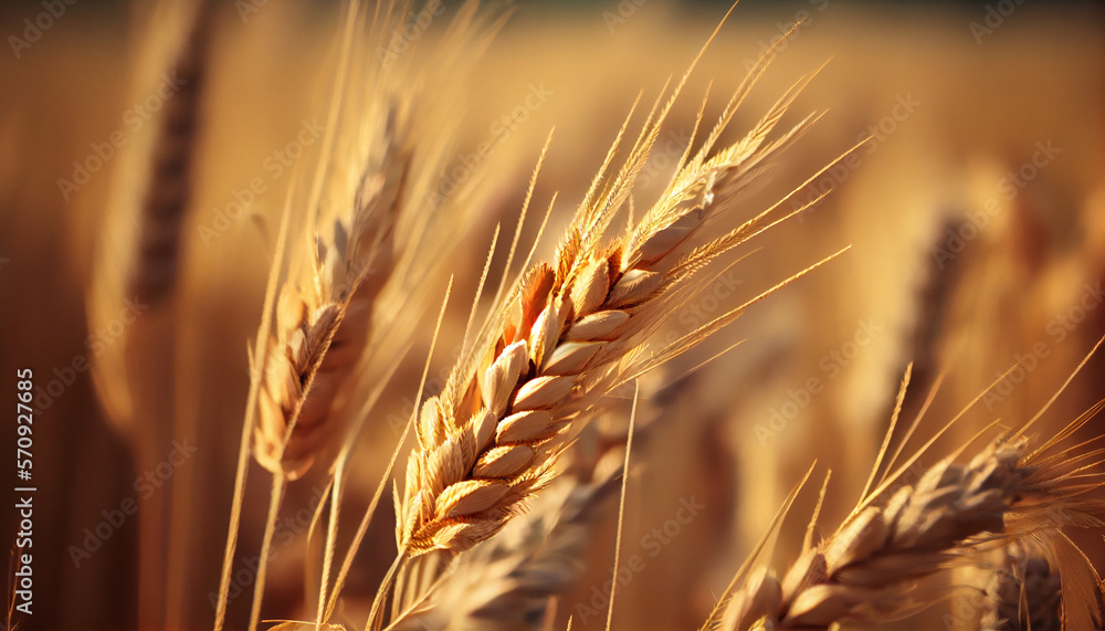 Close up of wheat ears, field of wheat agriculture, generative ai Close up of wheat ears, field of wheat agriculture, generative ai
