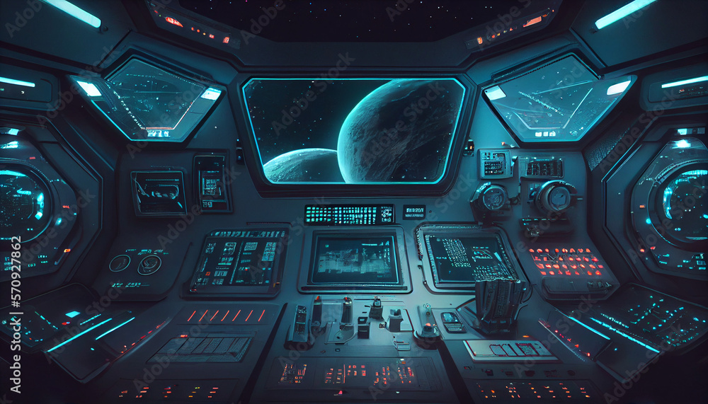 Fototapeta premium Futuristic spaceship cockpit interior, generative ai