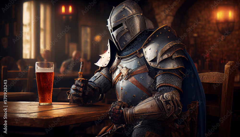 Medieval knight in armor drunk in bar, generative ai - obrazy, fototapety, plakaty 
