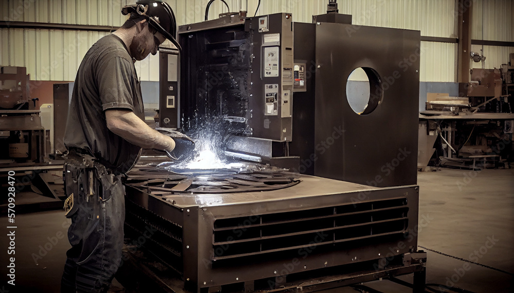 plasma cutter in metal fabrication plant, generative ai Stock