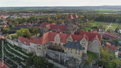 sightseeing flight around stiftsberg, stiftskirche in Quedlinburg. afternoon mood in autumn.