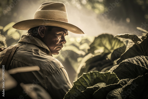 Harvest of tobacco. Farmer picking tobacco leaves.AI generative