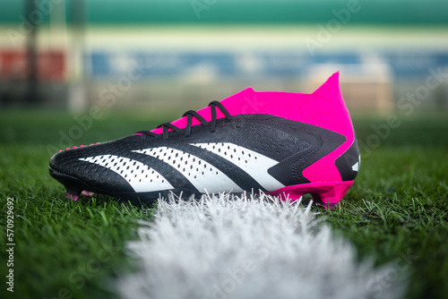 Thailand - Feb 2023: Adidas launch new generation of the most famous  football boots series "Predator" as named "Accuracy", It designed for  striker with powerful and control features. Object close-up. Stock Photo