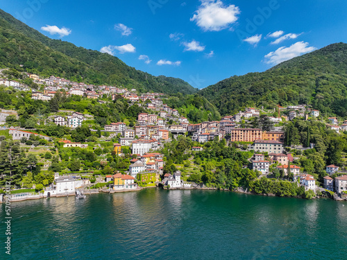 Aerial view of Nesso, a picturesque and colourful village sitting on the banks of Lake Como, Italy © pierrick