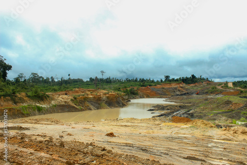 portrait of the condition of the coal mine site that is stagnant water is caused by excavation not according to procedures, resulting in environmental pollution