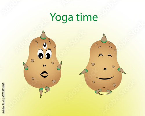 Yoga time. Funny potato with third eye doing yoga, sketch, vector illustration for your design.