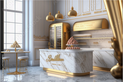 Cafe modern interior design, 3d rendering super photo realistic background. Generative AI