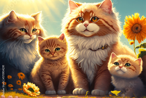 A portrait of a family of cute ginger cats in a field of flowers in sunny day. Created with Generative AI.