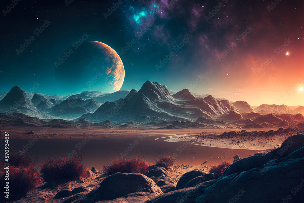 A fantasy desert landscape with mountains and small shrubs. In the background is a giant blue moon. Created with Generative AI.