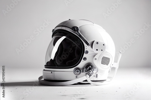 Astronaut helmet, realistic astronaut helmet with clear glass for space exploration and flight in cosmos. White suit part for protection spaceman head. Generative AI. photo