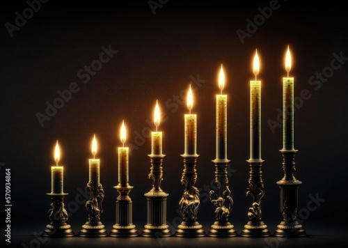 A row of candlestick holders with lit candles of increasing height on a dark background. Created with Generative AI