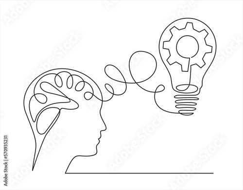 Continuous one line drawing of man  head  with lightbulb with gears as line drawing on white background. Vector