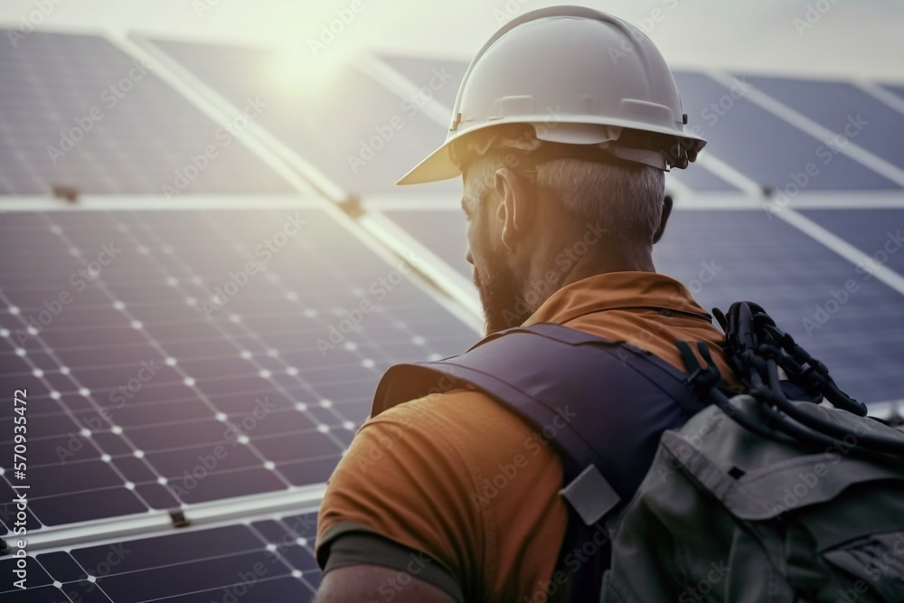 ervice engineer from the back checking solar cell on the roof for maintenance if there is a damaged part. Engineer worker install solar panel. Clean energy concept - created with AI