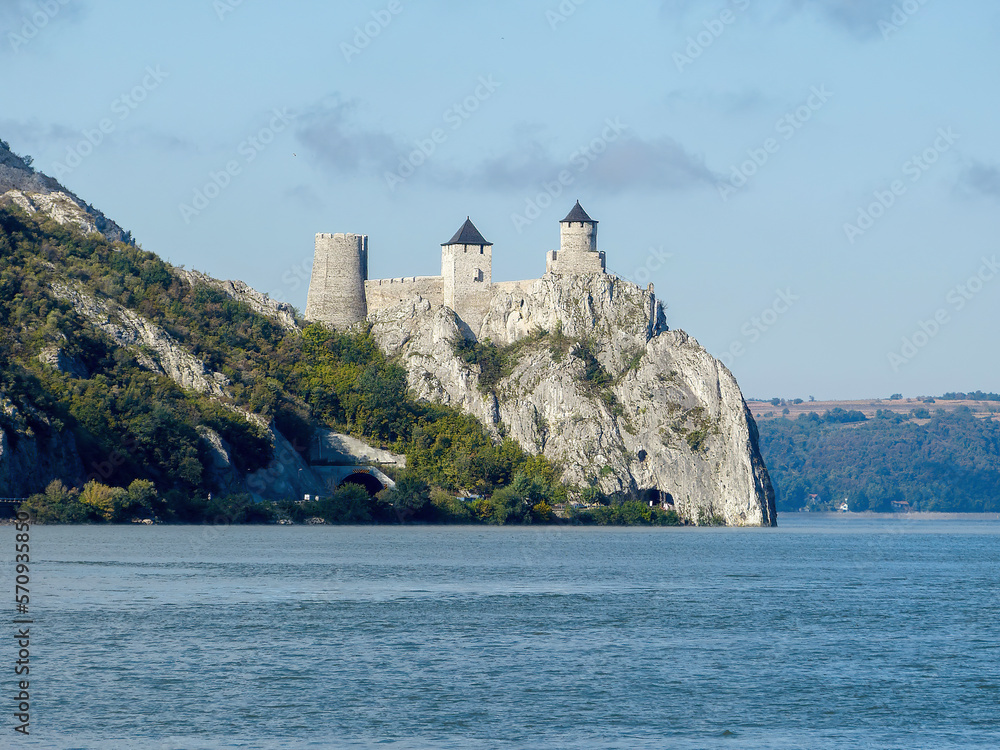 View across the Danube river to Golubac Fortress in Serbia