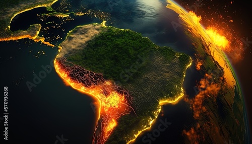 amazonas rainforest jungle forest is burning, view from space, climate change created with generative ai technology