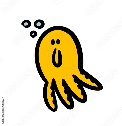 Funny octopus swims in the sea under water and releases air bubbles.