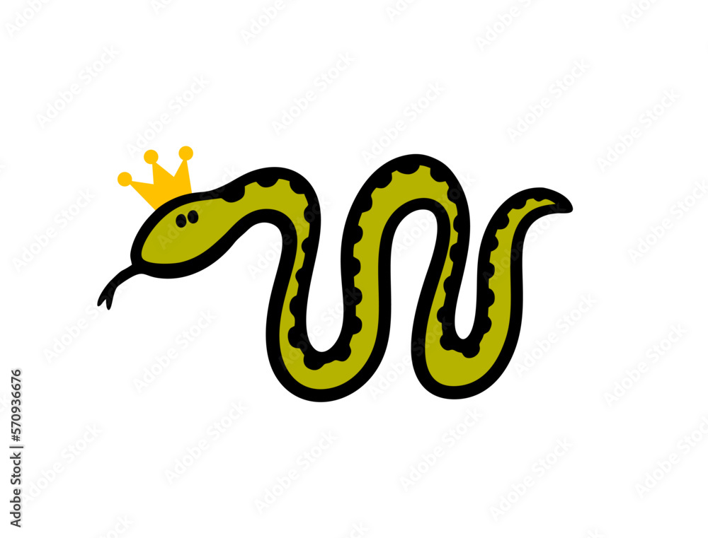 Naklejka premium Cartoon hand drawn green snake with crown on her head.