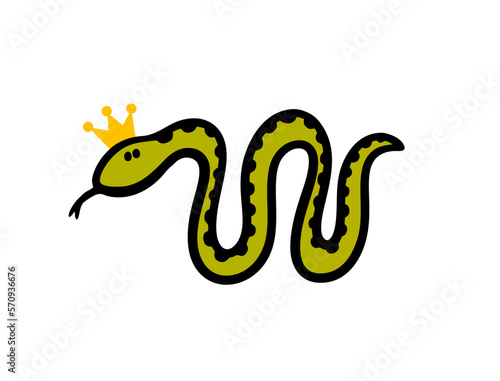 Cartoon hand drawn green snake with crown on her head.