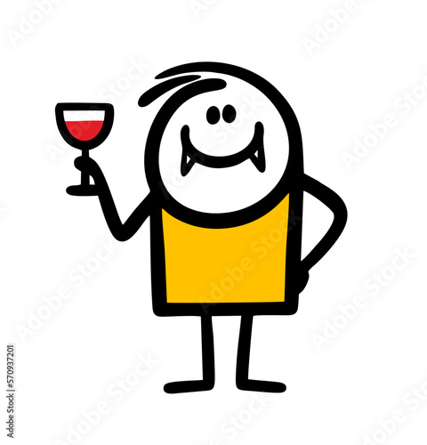 Hand drawn cartoon vampire with fangs holds a glass of human blood in his hand.