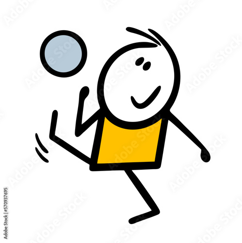 Cartoon stick figure boy plays football and kick the ball.