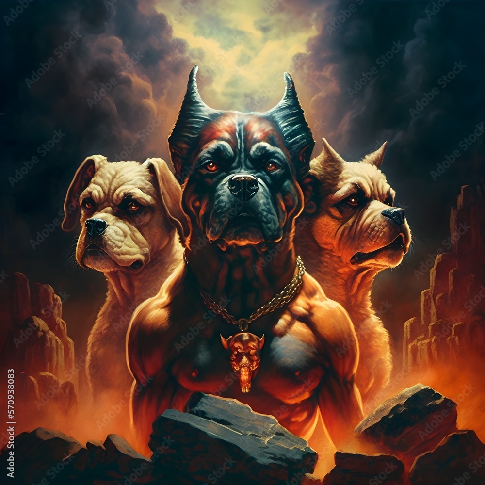 dog with three heads cereberus hellhound in hell HD in the style of ...