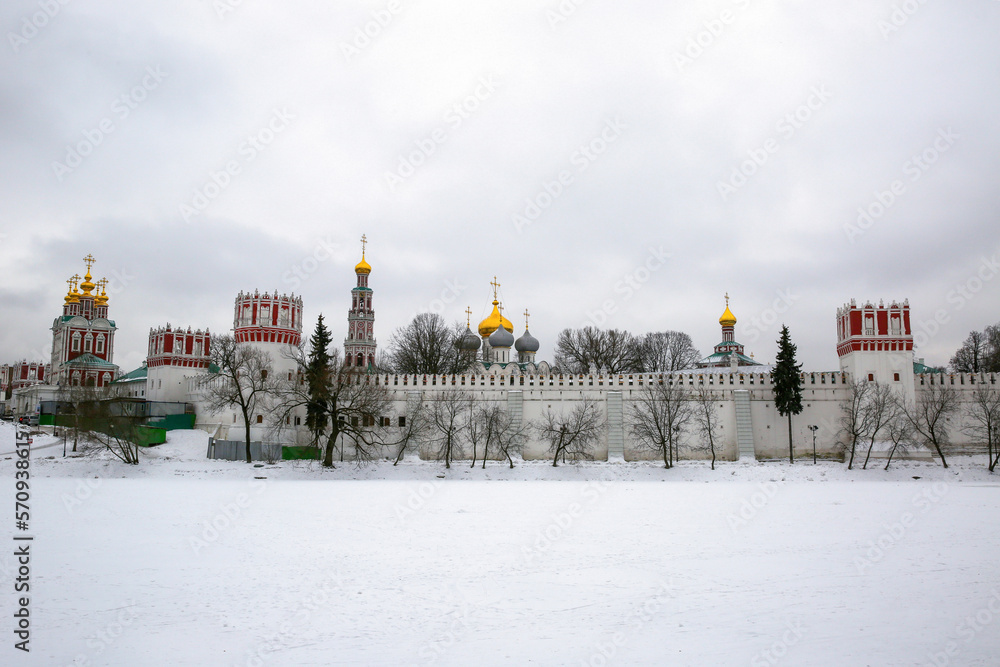 View of the  Novodevichy Monastery in winter. Moscow. Russia.	