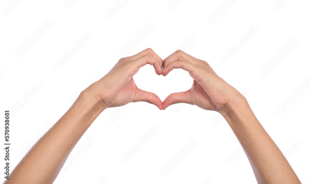 Woman hands making a heart shape on a white isolated background Woman hands making a heart shape on a white isolated background