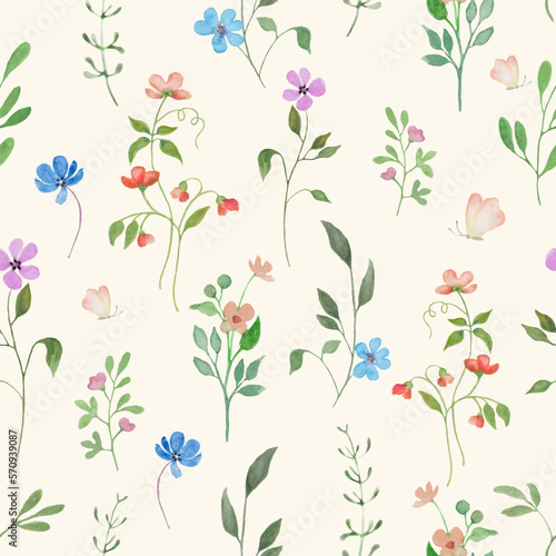 Watercolor floral seamless pattern with painted abstract meadow flowers. Hand drawn spring illustration. For packaging, wrapping design or print. Vector EPS.