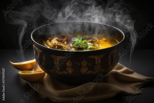 Soup steaming, bowl of curry or soup, ingredients and flavorful (Ai generated)