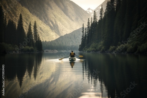 Kayaker paddling on a calm lake  ai generated 