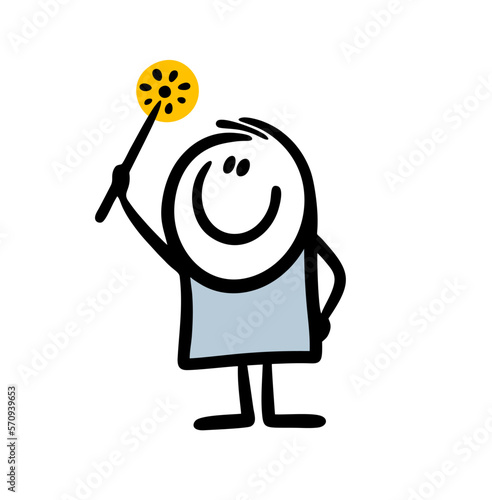 Doodle hand drawn boy says spells and waves a magic wand.
