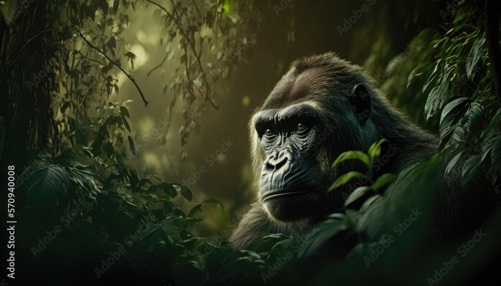 Medium Shot a gorilla in a dense jungle, Generative AI Digital Illustration