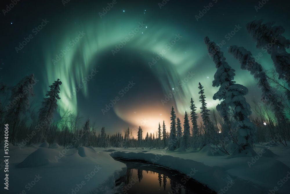 Aurora light night sky landscape snow land (Ai generated) 