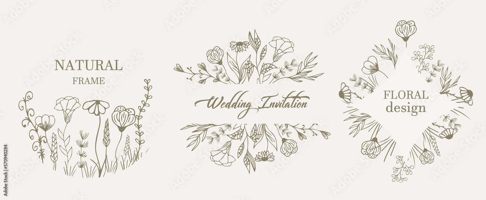 Frames, hand-drawn wreaths with elements of grass, field decorative flowers, natural elements. They will be a great addition to your design of holiday invitations, postcards, background, print