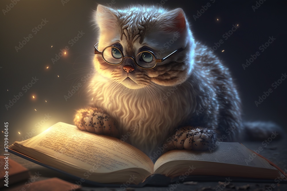 Cute brown cat with eyeglasses lying on a book Cute brown cat with eyeglasses lying on a book