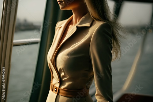 Body and waist perfect shape of business woman on ferry (Ai generated)