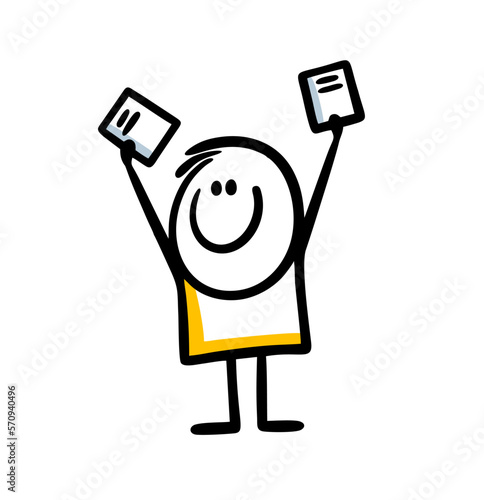 Doodle hand drawn boy holds good books in rising up hands.