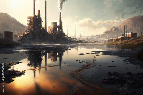 Oil or wastewater is spilling on the river surface with background of industrial city. The environmental impact from industrial activity concept. Generative Ai image.