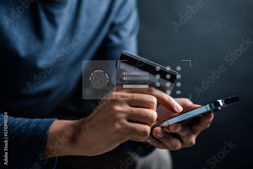 Verify security on technology payment concept. Man typing credit card number for payment in online shopping and purchase online retail shop.
